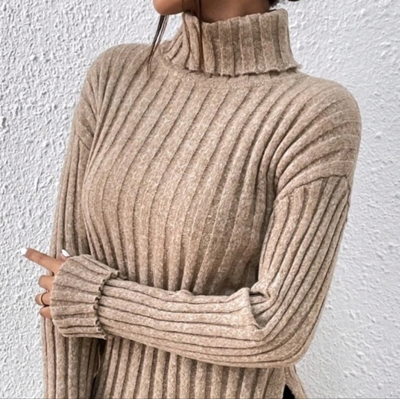 New Chic Wide Ribbed Split Hem Knit Sweater Top Turtleneck Camel Tan Beige - Picture 3 of 9